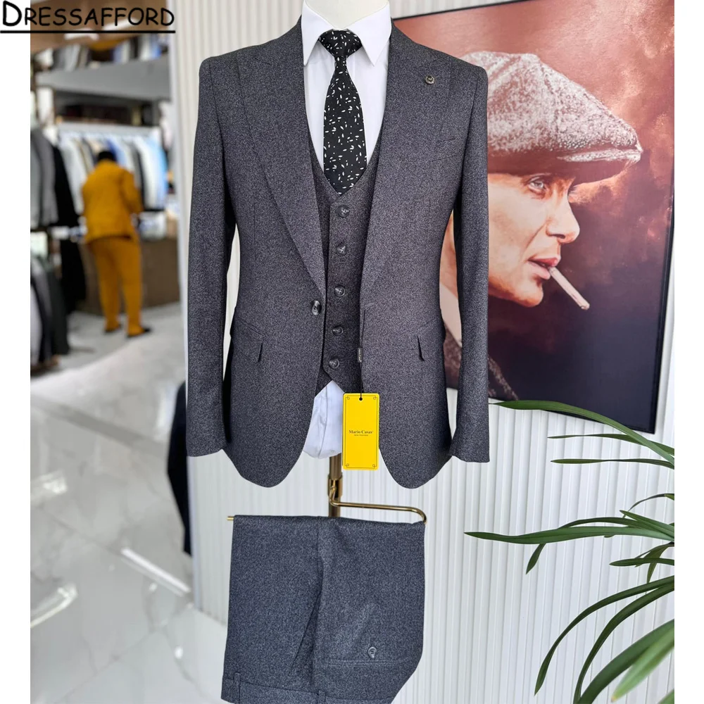 3 Pieces Men's Grey Herringbone Suits Formal Slim Fit Peak Lapel Tweed Prom Tuxedos for Wedding Groomsmen (Blazer+Vest+Pants)
