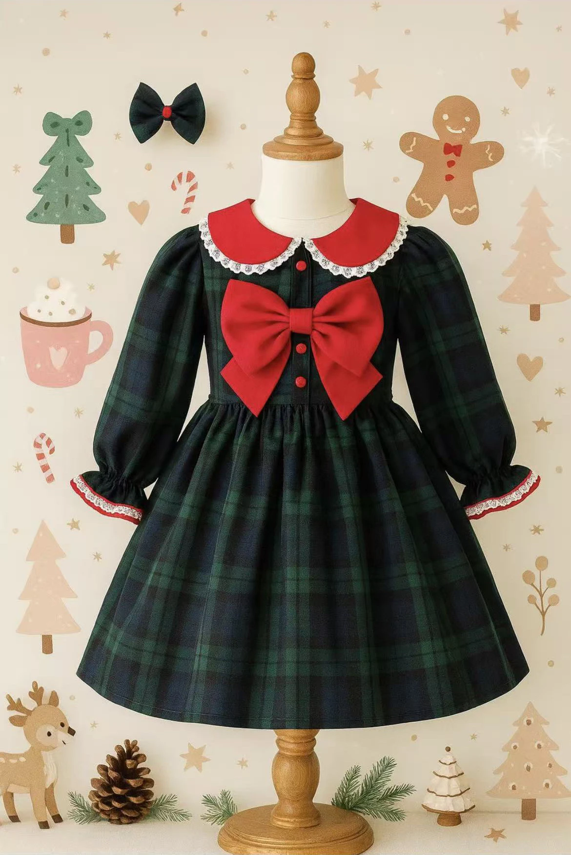 Autumn Winter Baby Girl Sweet Vintage Green Plaid Red Bow Lace Fluffy Dress For Casual Party Birthday Photography Christmas