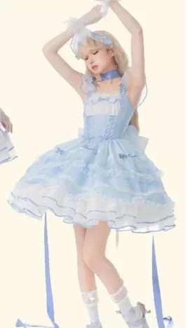 

Lolita Ballet Princess Dress for Women Summer Sweet Cute Bow Puff Sleeve Slim Ball Gown Dresses Kawaii Above Knee Dress 2025