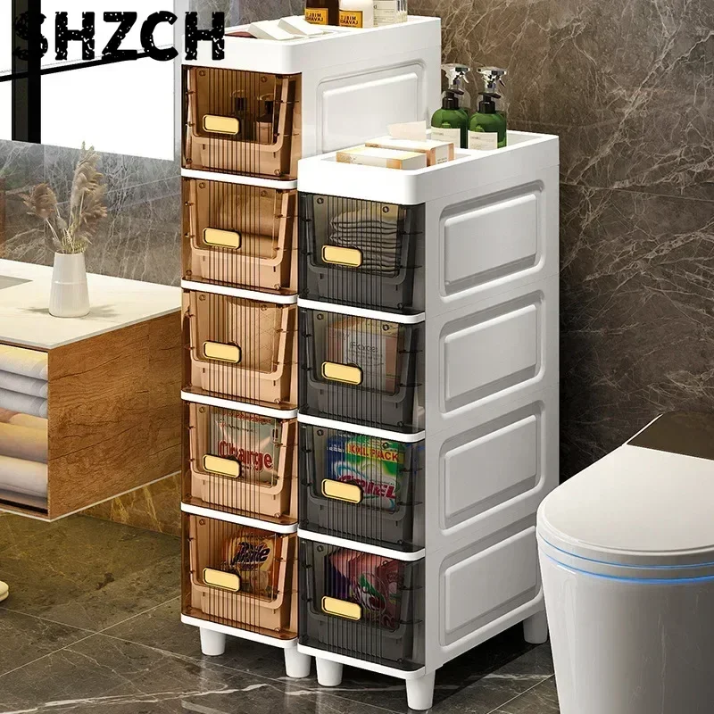 Transparent Bathroom Cabinet Visible Light Luxury Floor-Mounted Narrow Storage Shelf Dustproof Organizer for Home Furniture