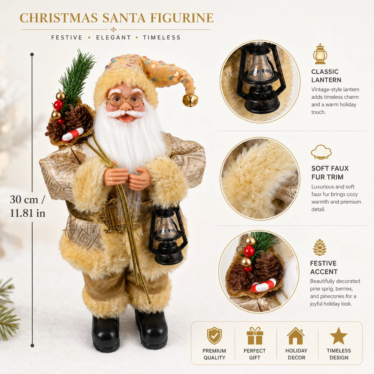 Christmas Santa Claus Figurine 30cm, Luxury Gold Santa Statue with Lantern Pinecone Accent, Xmas Holiday Home Tabletop Decor