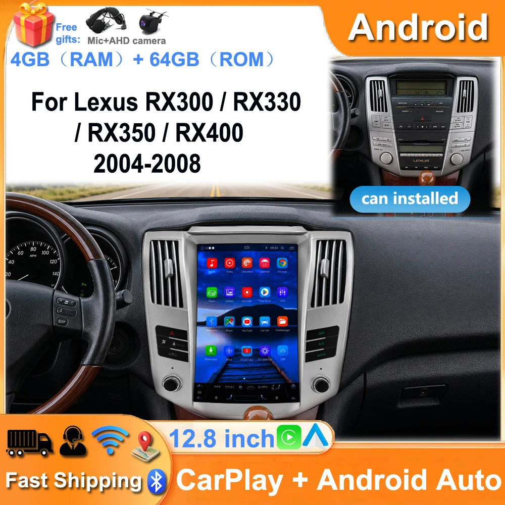 12.8 Inch Car Stereo Android 15 GPS Navigation with Carplay Android Auto 4+64G for Lexus RX300 / RX330 / RX350 / RX400 2004-2008