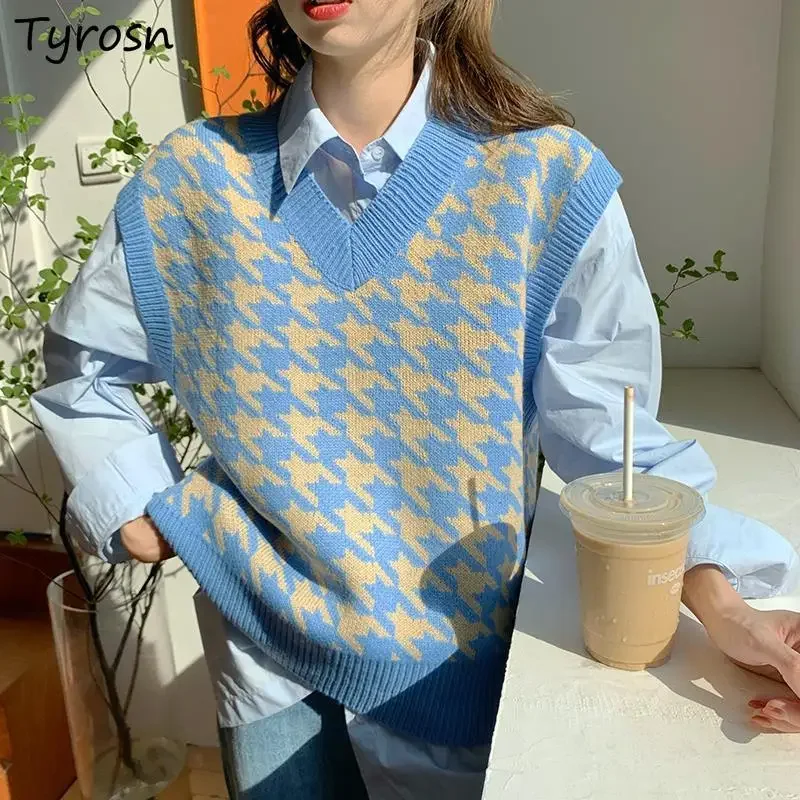 

Sweater Vests Women Baggy Soft Winter Cozy Knitting Harajuku Plaid Sweet Preppy Style Girlish Chic Classic Vintage British Daily