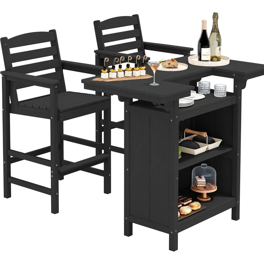 

Black HDPE Outdoor Bar Table Set with 2 Chairs and 4-Tier Storage for Patio, Poolside, or Backyard