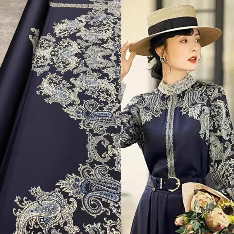 Classic Navy Blue Bottom Cashew Flower Twill Stretch Silk Fabric Grade Foreign Style Shirt Natural Designer Clothing Fabric Diy