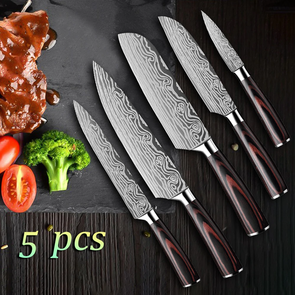 

Professional 5Pcs Kitchen Chef Knife Set with Sharp High Carbon Stainless Steel Forged Blade and Ergonomically Pakkawood Handle