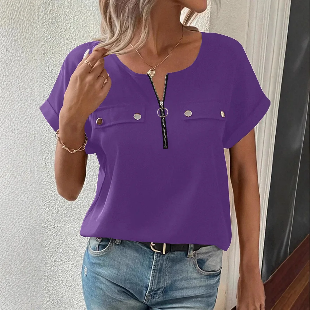 Pullover T Shirts Summer Women Tops O Neck Zipper Splicing Button False Pockets Tops Casual Solid Short Sleeve Women's Clothing