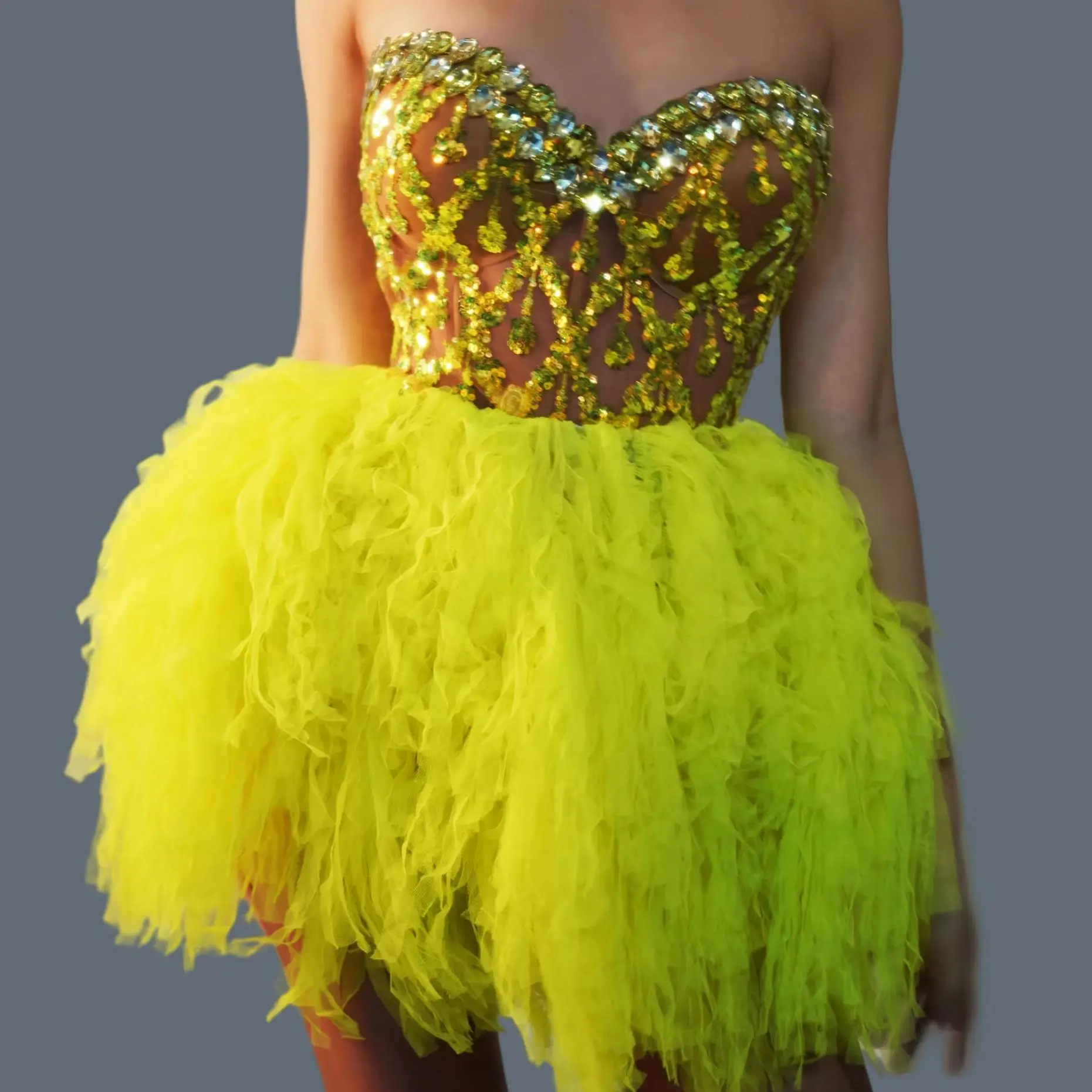 Sparkly Crystals Tube Top Bubble Gauze Skirt 2 Pieces Set Sexy Performance  Stage Wear Dance Costume Birthday Dresses Qingtai