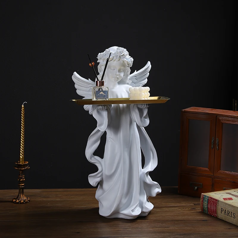 

Vintage Angel Sculpture Floor Decoration,Tray French Style Garden Decoration Resin Wings Girl Statue Decorations Customized