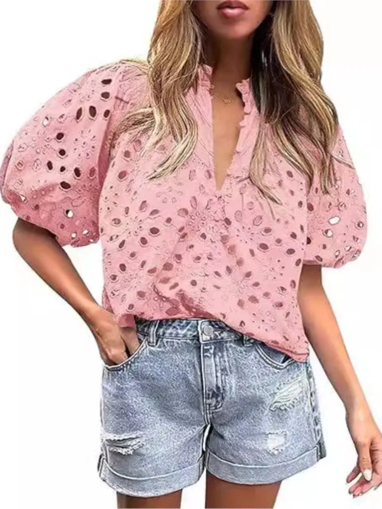 Women\'s Shirt Summer Hollowed-out Lace Jacquard Blouse Spring Stand Collar Button Shirt Lantern Short Sleeve Office Tops Women