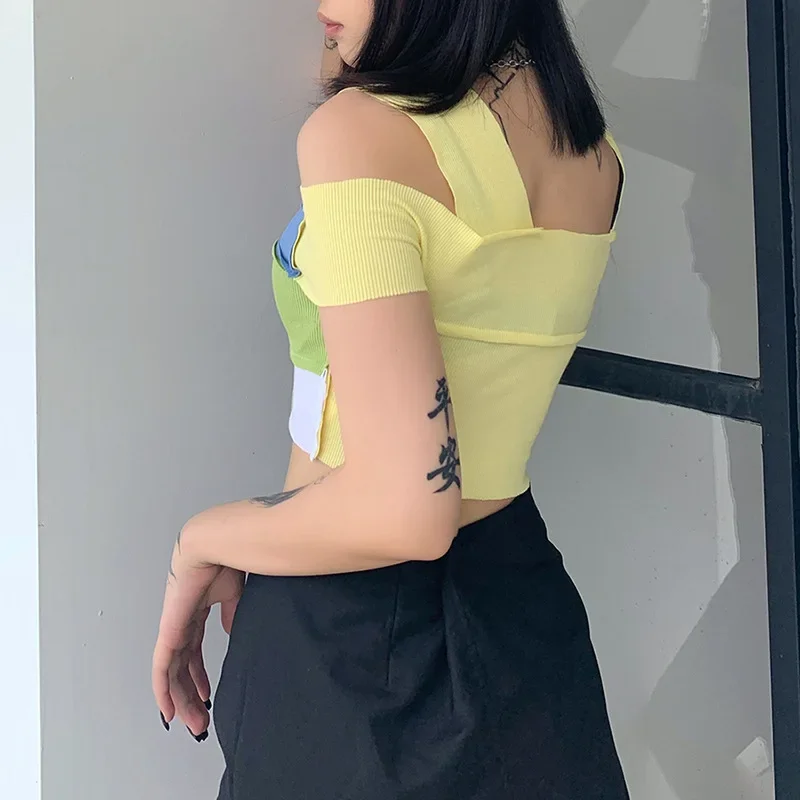 Summer Casual Square Collar Off Shoulder Patchwork Slim Crop Top Women's Clothes Fashion Sexy Knitted High Street Tee Shirt 2024