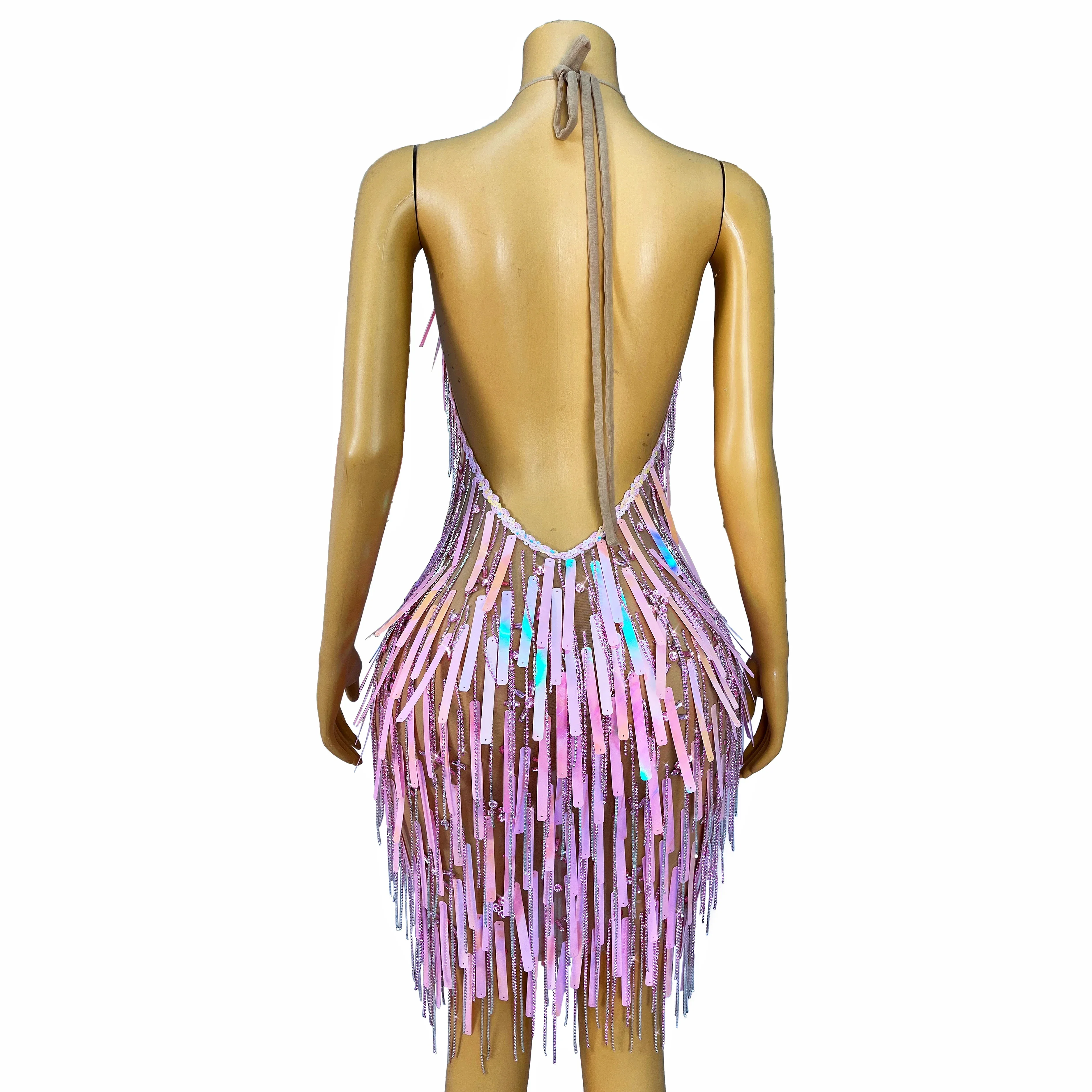 Birthday Evening Show Sexy Costume Handmade Flashing AB Pink Sequins Rhinestones Crystals Fringes Bandage Dress