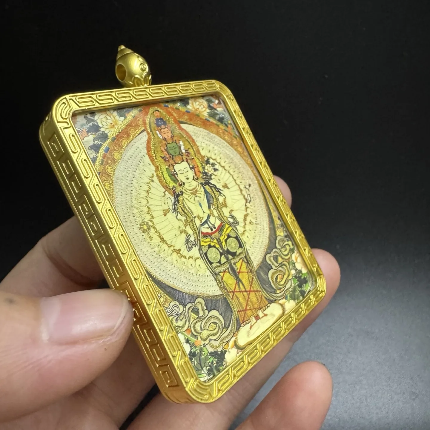 Hand Drawn Golden Thousand Arm Avalokiteshvara Thangka Gau Box Amulet Pendant