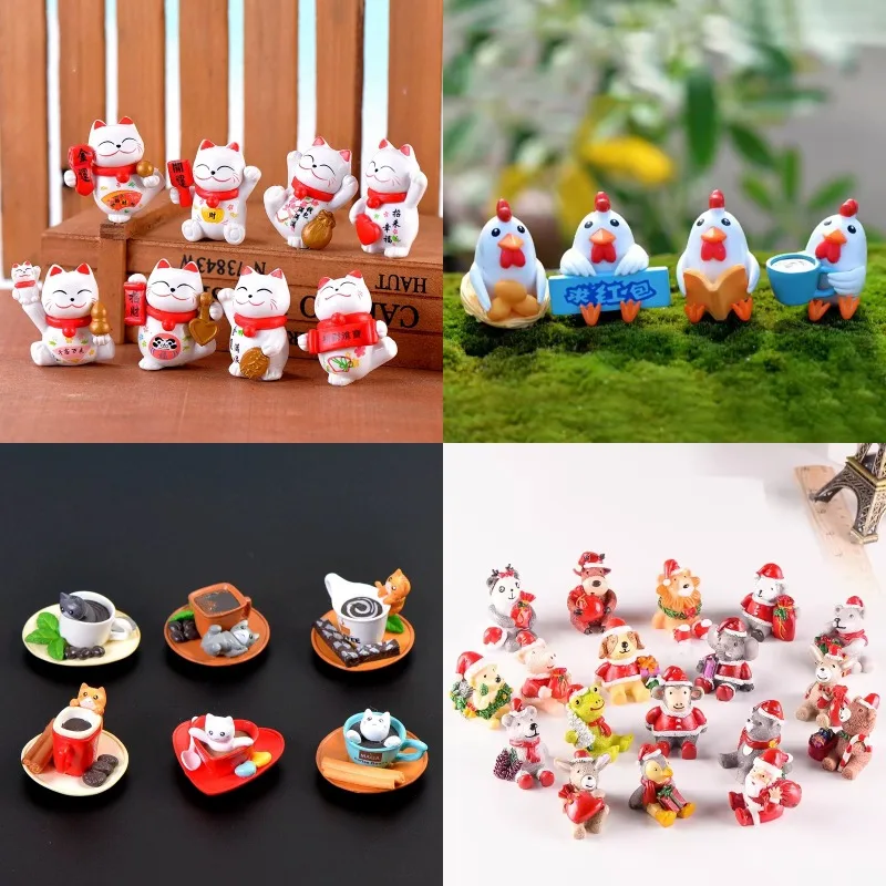 20PCS Micro Cat Chicken Mouse Tiger Sheep Monkey Santa Claus Figurine Resin Ornaments Miniature Animal Statue Bonsai Home Decor