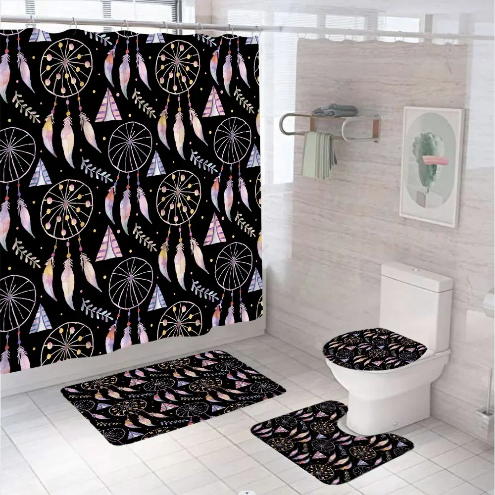 Colorful Bohemia Feather Shower Curtain Set Ethnic Boho Home Purple Bathroom Decor Screen Floor Rug Bath Mats Toilet Seat Cover