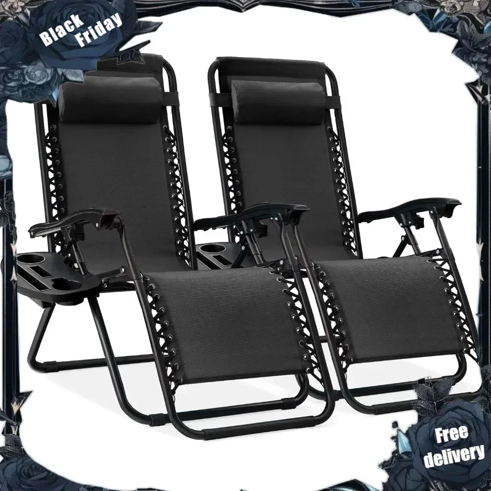 

Set of 2 Adjustable Steel Mesh Zero Gravity Lounge Chair Recliners w/Pillows and Cup Holder Trays