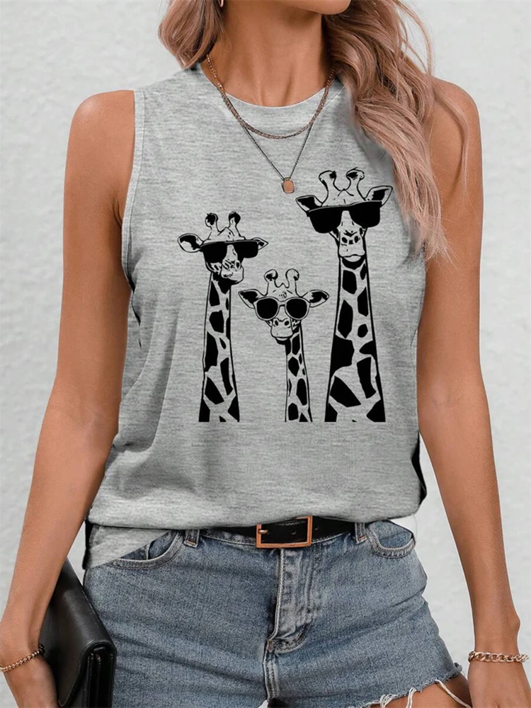 2026 Nuova canotta da donna con stampa giraffa Canotta da donna alla moda da strada all'aperto Canotta girocollo da donna casual per tutti i giorni