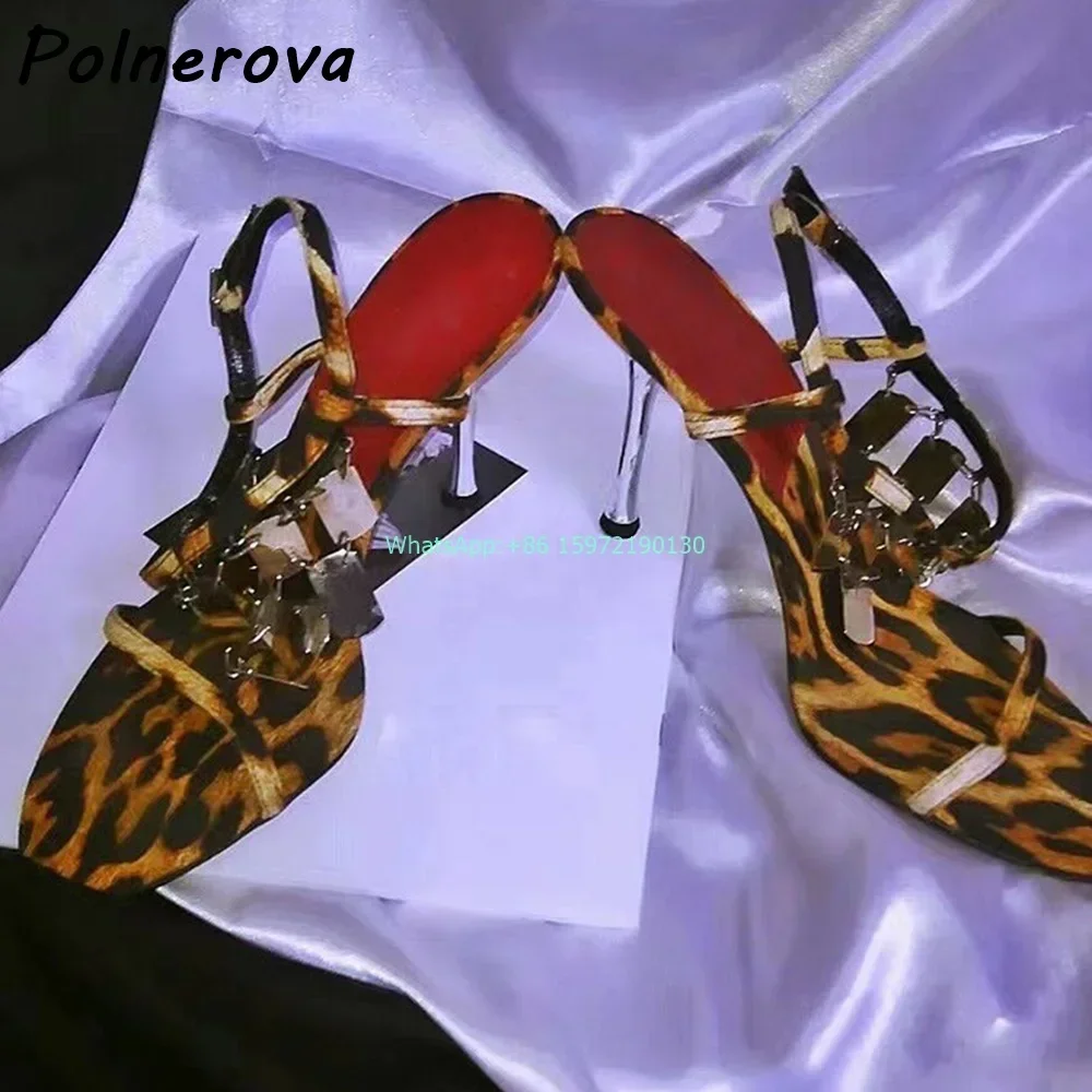 Leopard Metal Fringe Sandals Round Toe Thin Heels Straight Strap Shoes Ladies Fashion Sexy Runway Street Shoot Stiletto Shoes
