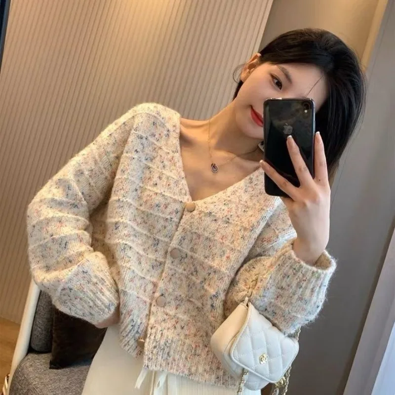 

Spring and Autumn V-neck Unique Knitwear Sweater Soft Glutinous Colorful Dotted Sweater Cardigan Coat Women Loose Sweater Female