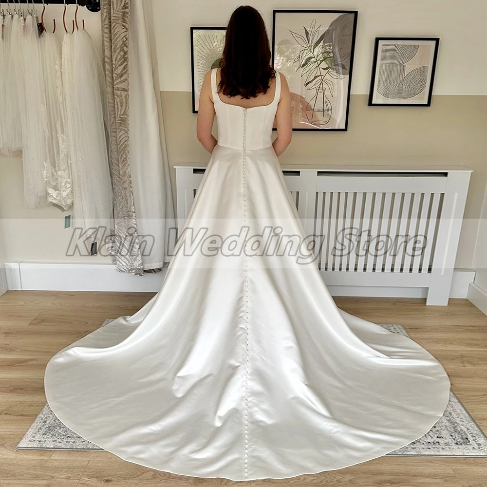 Personalizado simples cetim vestido de casamento civil plus size para noivas elegante uma linha decote quadrado vestidos de noiva com tribunal trem um