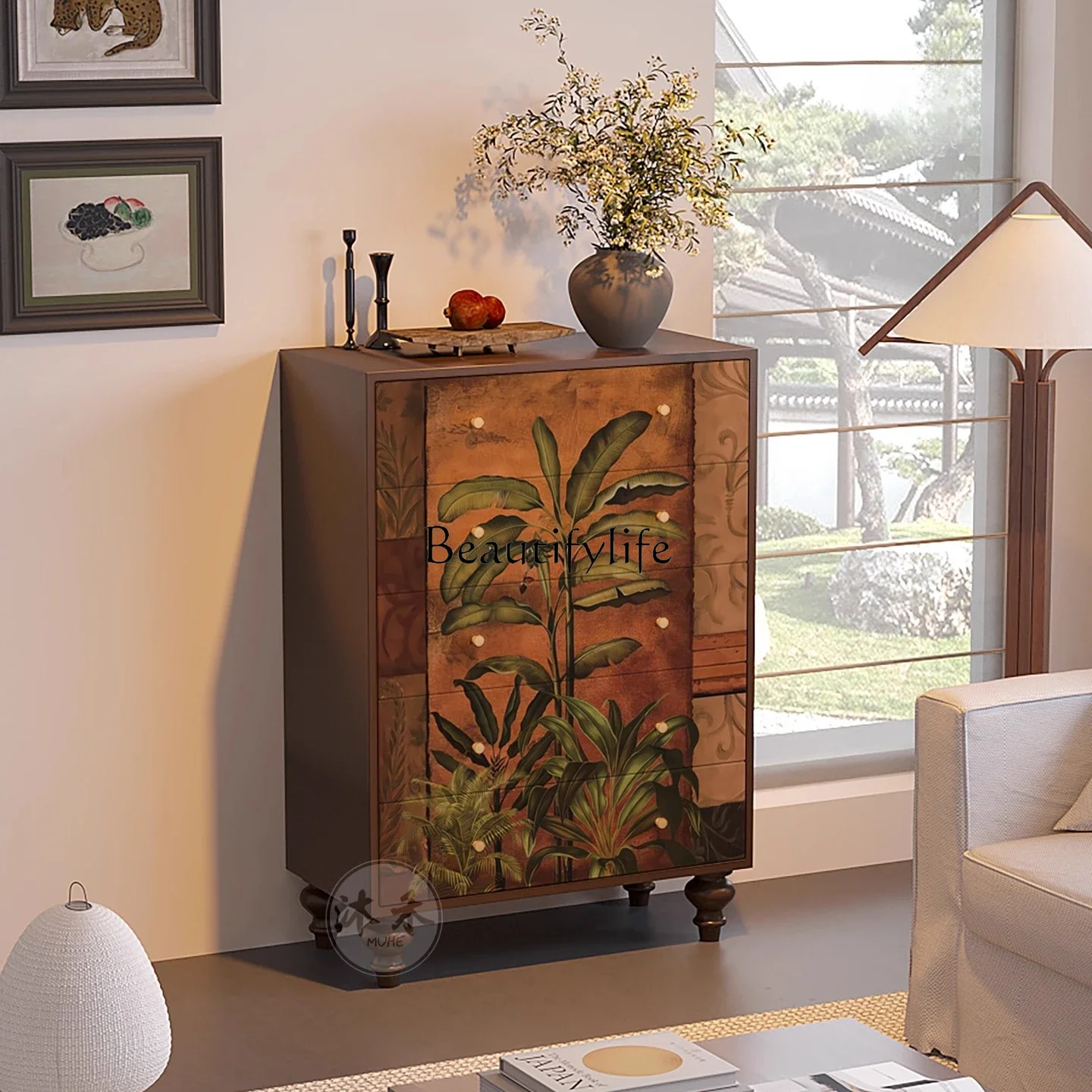 

yj9 French medieval Nanyang style solid wood chest of drawers porch aisle locker