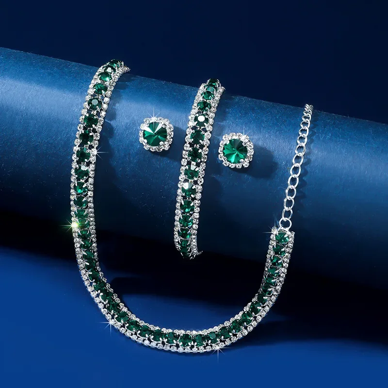 Luxury Necklace Earring Bracelet Sets Green Blue Silver Gold Color Crystal Necklace for Women Weddings Bride Jewelry Sets