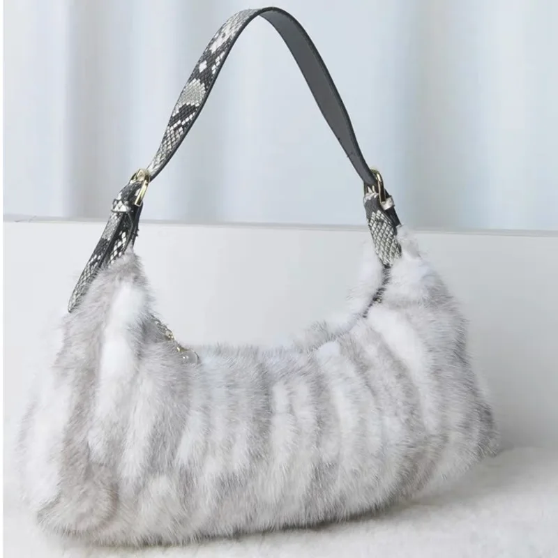 

Geniue Mink Fur Bag Women Party Crescent Bag Real Fur Handbag Luxury Crossbody Bag Soft Shoulder Bags