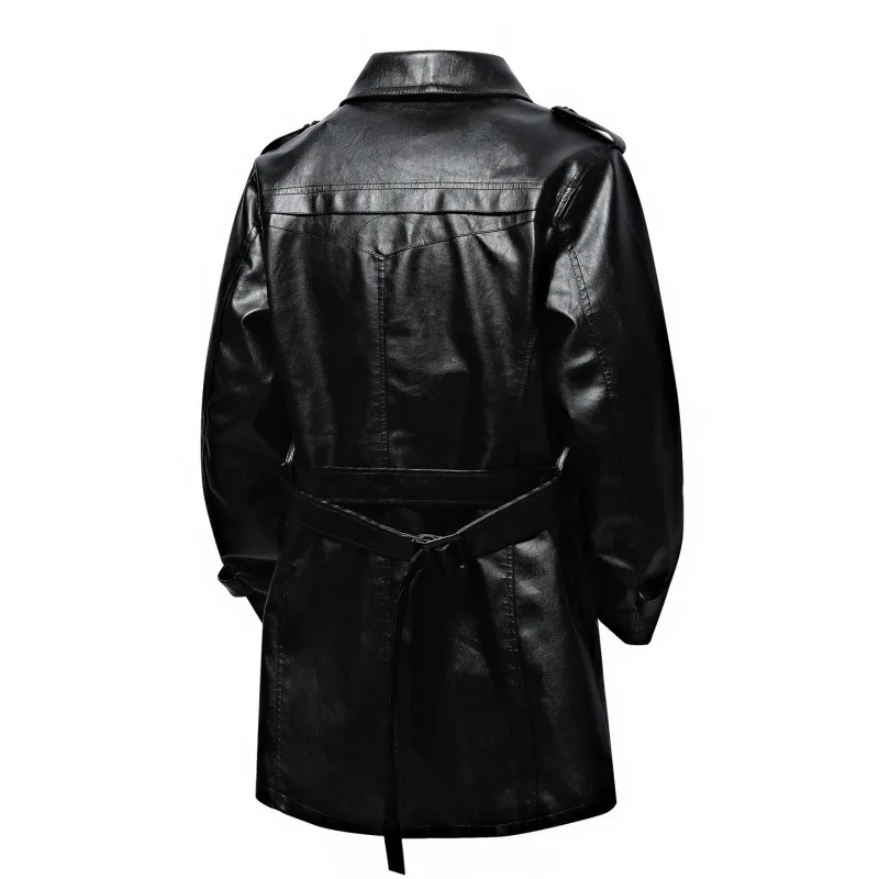 Autumn Men Leather Jacket New Mid Length Belt Turn Down Collar Male Windbreaker Solid Color Long Sleeve Waterproof Man Coat