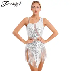 Women Latin Dance Costume Shiny Sequins Fringed Tassel Leotard Dresses for Dancing Competition Samba Rumba Gymnastics Jumpsuit