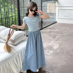 Girls set, summer children's fashion clothing, little girl wide leg pants, Korean version two-piece set, 4-12 years old