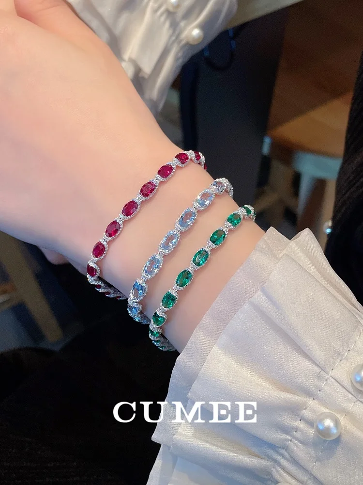 CUMEE 925 Sterling Silver Bracelet for Women Gemstone Ruby Sapphire Red Green Bracelet 18K Gold Plating