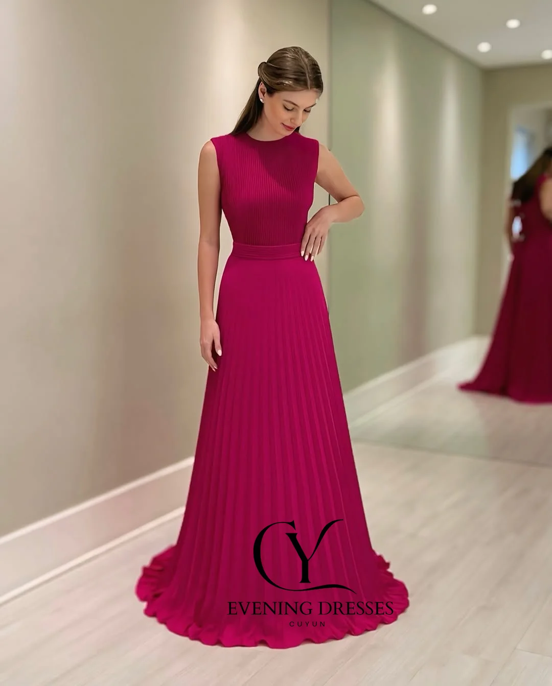 ชุดราตรี CUYUN สีชมพูสดใส คอทรงโอ แขนกุด จับจีบ ทรงเอไลน์  ชุดออกงานหรูหราสง่างาม  ชุดเดรสสำหรับงานวันเกิดผู้หญิง ปี 2025  รับตัดตามสั่ง