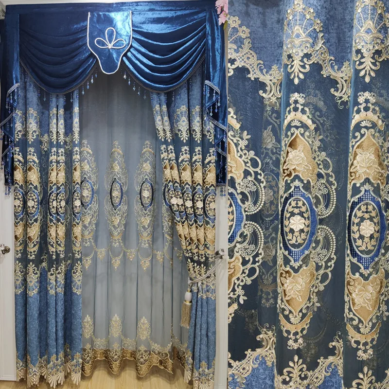 

Custom Blue thick Chenille new Chinese living room hollow embroidery cloth blackout curtain tulle valance drape C1732