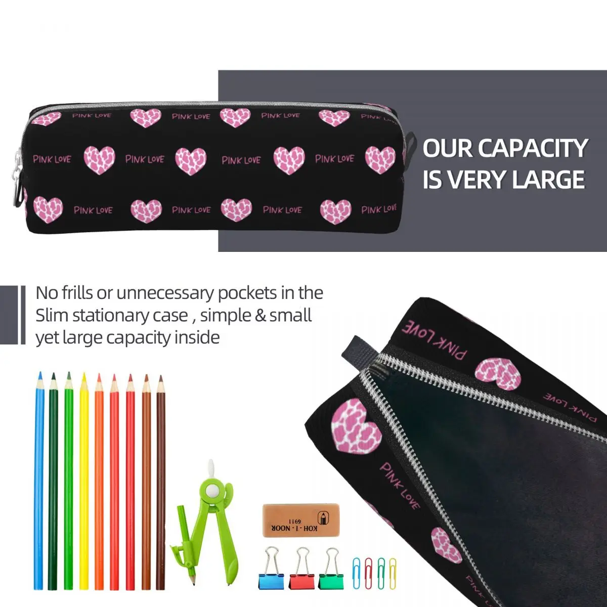 Fun Cute Heart Pink Love Pencil Case Black Pencilcases Pen for Student Big Capacity Bags Office Zipper Stationery