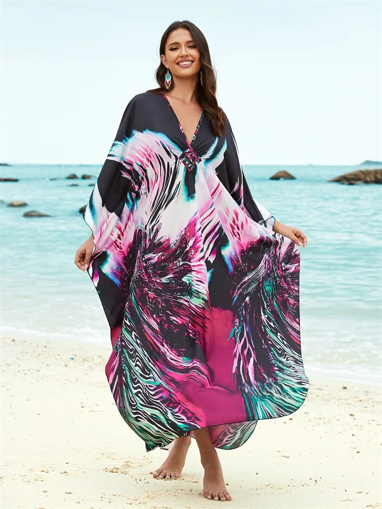 Casual Print dekolt w szpic 2024 wiosna lato z długim rękawem luźna odzież damska Kaftan Plus Size plażowe sukienki Maxi Q1588