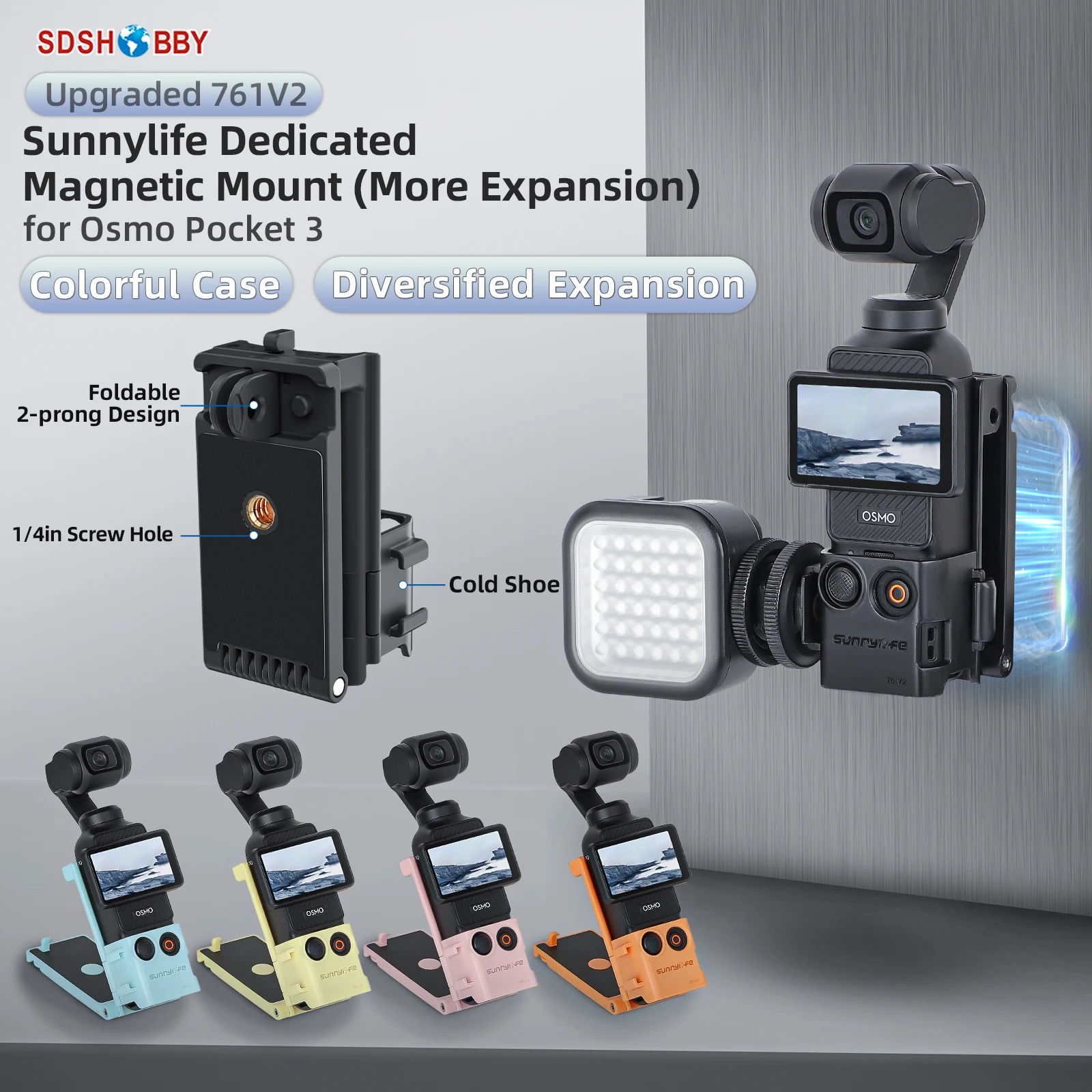 Sunnylife Magnetic Mount 1/4in Adapter Cold Shoe Tabletop Base Bracket Angles Adjustable Multi Expansion for Osmo Pocket 3