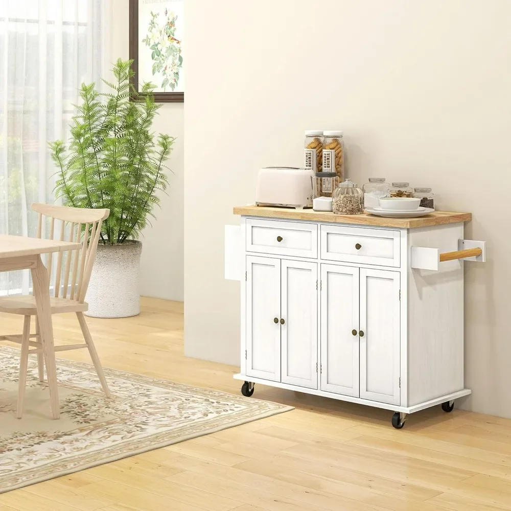 Kitchen Island on Wheels, Rolling Cart with Rubberwood Top, Spice Rack, Towel Rack and Drawers for Dining Room