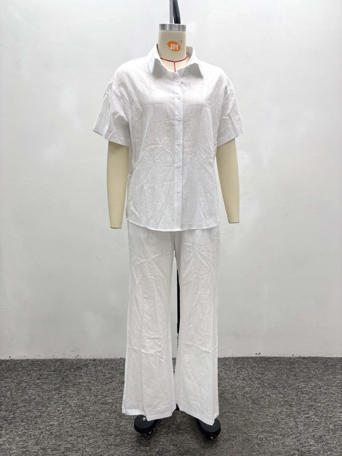 Roupa feminina manga curta gola virada para baixo elegante camisa de emagrecimento simples calças compridas de perna larga conjunto de duas peças para mulher