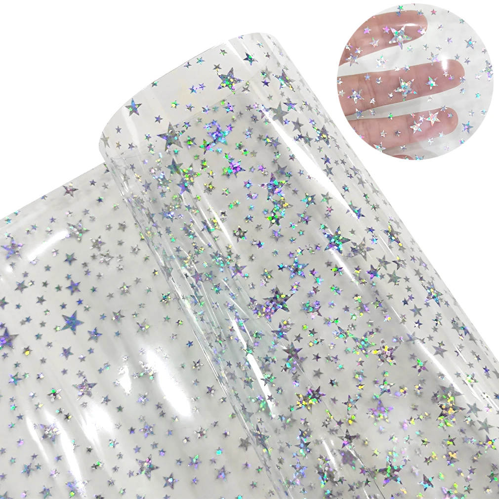 Transparent Stars PVC Vinyl Fabric Sheet Iridescent Holographic Shiny for Cover Bows Crafts Bag Earrings DIY Materials 30*120CM