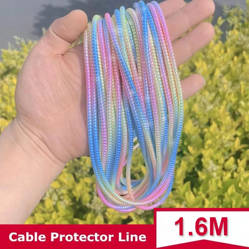1.6m Colorful Laser Spiral USB Charger Cable Cord Protector Wrap Cable Winder For iPhone Samsung Xiaomi Huawei Data Cable Sleeve