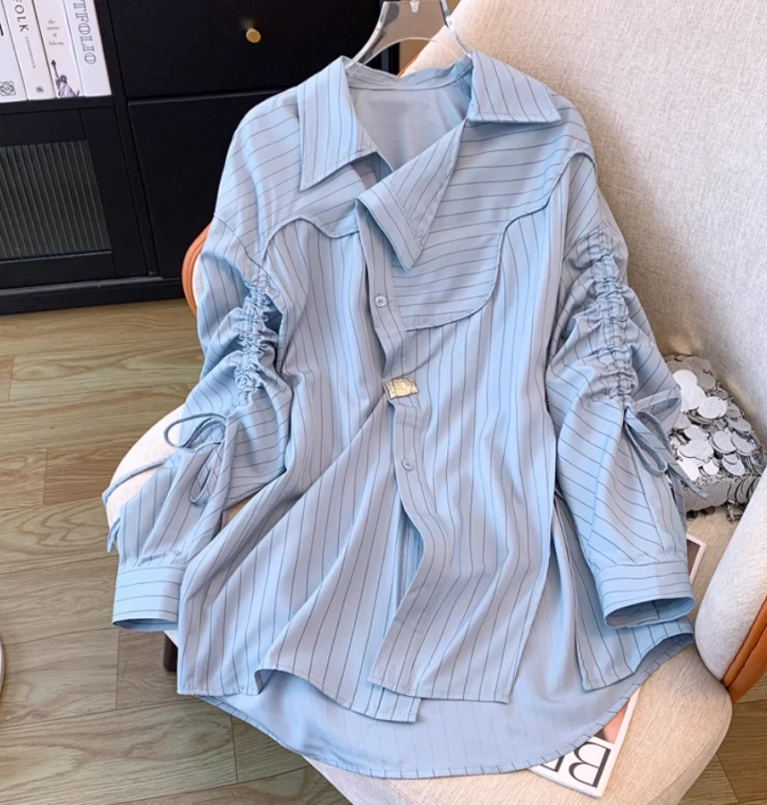 SuperAen Irregular Striped Drawstring Shirt for Women Summer New Design Korean Style Loose Shirts Tops