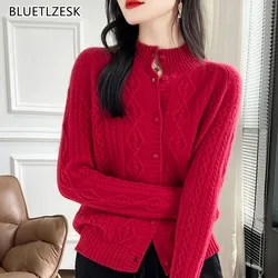 100% Wool Cashmere Cardigan Autumn Winter New Half High Collar Twist Coat High-End Knitwear Sweater Shirt Loose Women Thick Tops