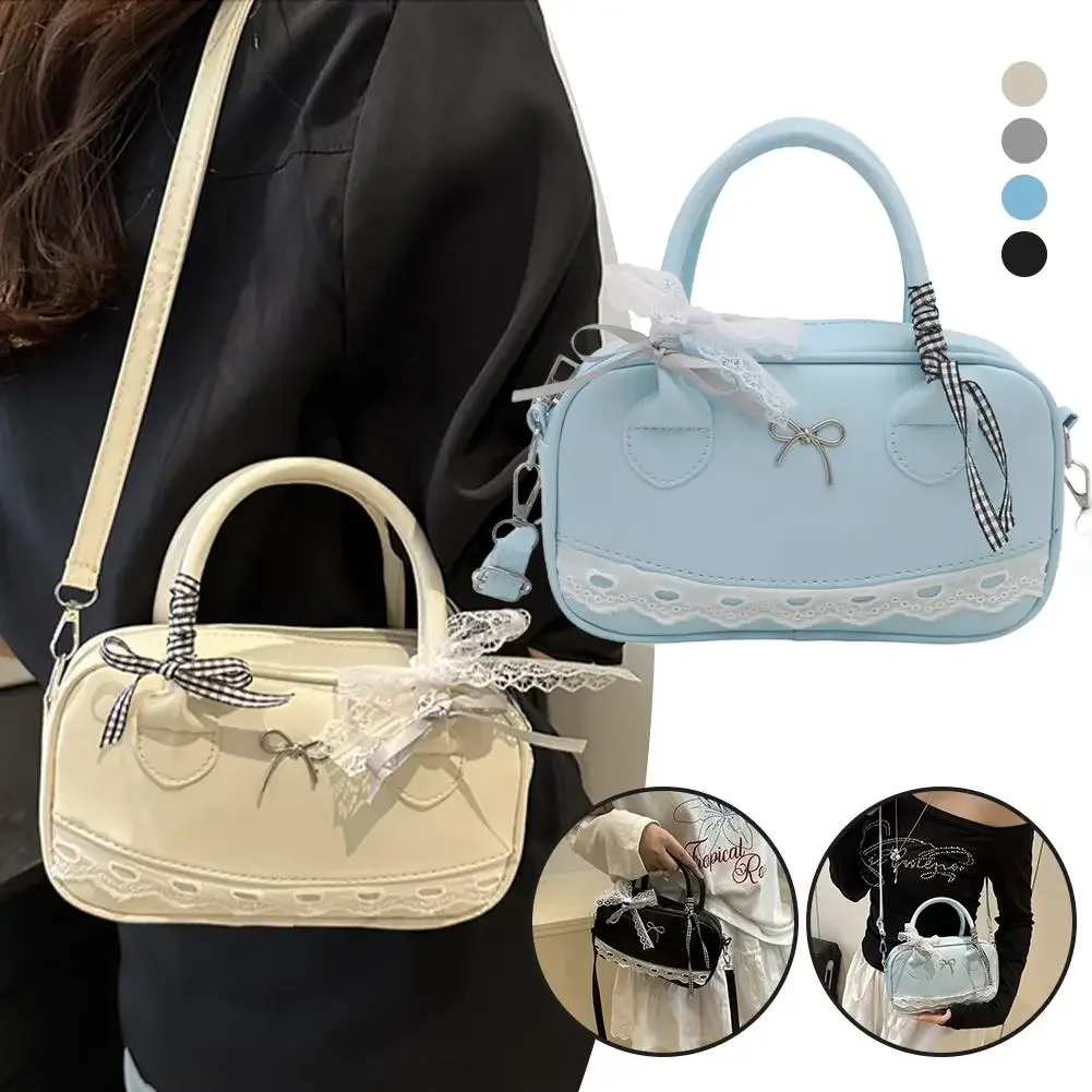 

Zipper PU Leather Simple Handbag Lace Ribbon Bow Women Crossbody Bowling Bag Fashionable Travel Casual Commuting Bag 2026