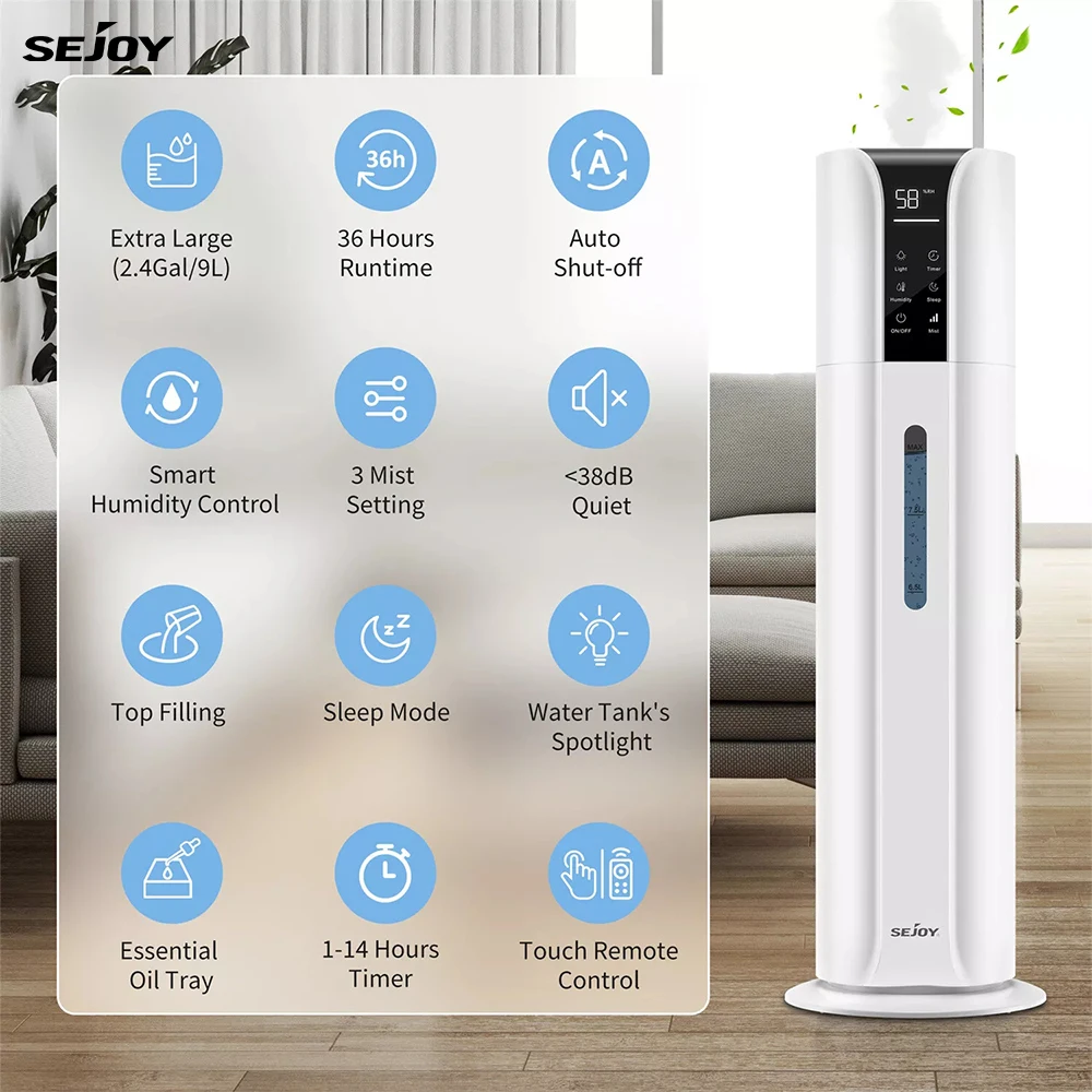 Sejoy 9l Air Humidifier For Bedroom Cool Mist Adjusting Diffuser Ultrasonic Digital Display Aroma Adjustable Humidity Humidifier