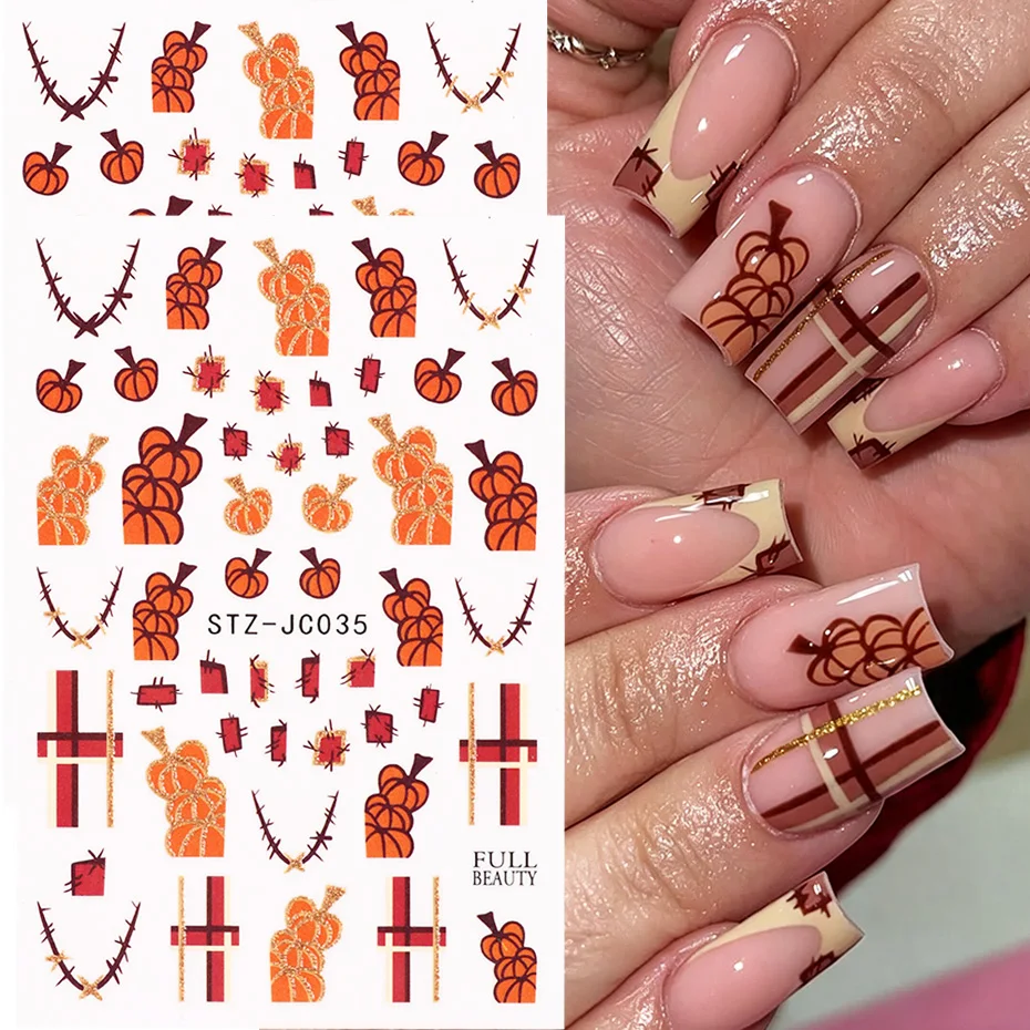 2pcs Pumpkin Thorns Halloween Nail Art Stickers Brown Autumn Striped Line French Nail Art Decals Fall Nail Decorations Supplies