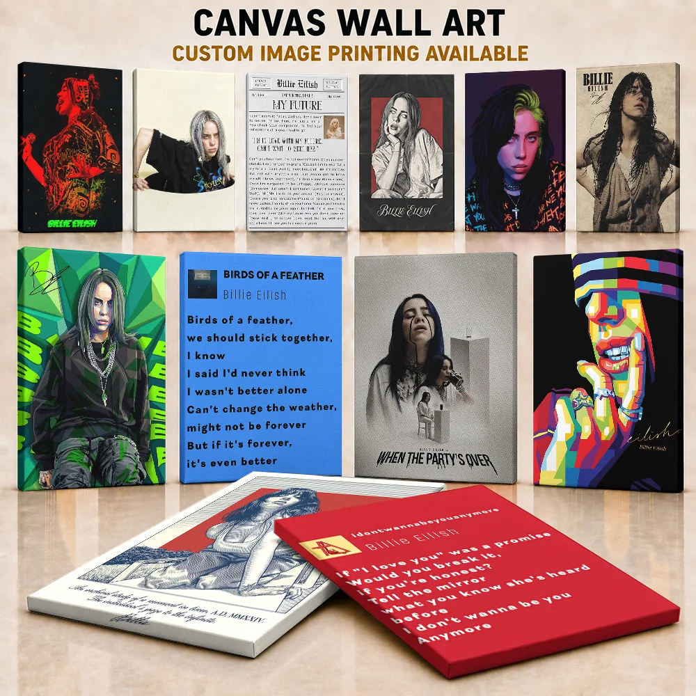 Billie Eilish Canvas Print Poster Personalized Photo Modern Pop Icon Portrait Style Canvas Wall Art For Bedroom Singer Fan Gift