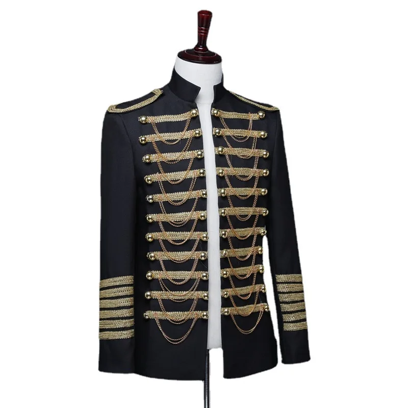2025 Fashion Mens Military Dress/suit Jacket,bar Nightclub DJ Black and Red with Metal Chain European Court Performance Clothing