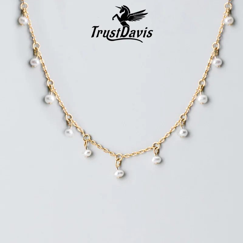 TrustDavis Genuine 925 Sterling Silver Minimalist Elegant Pearl Short Clavicle Necklace for Women Wedding Jewelry Gift DA1221