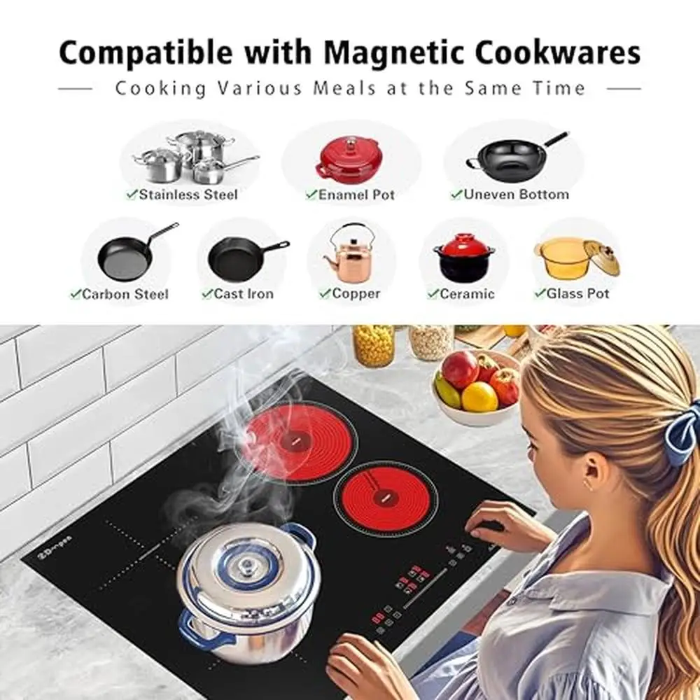 Electric Cooktop Hybrid Slider Touch Control Radiant Ceramic 4 Burners 24 Inch Built-in Energy-saving Efficient Heating Elements