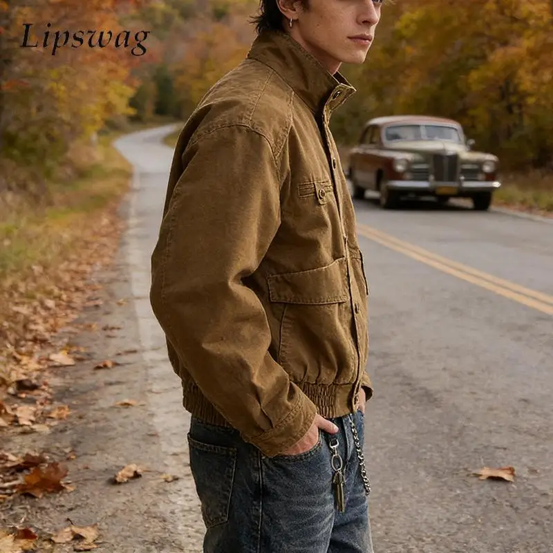 

Stylish Solid Color Mens Cropped Jacket Coat Streetwear Vintage Stand Collar Denim Jackets Men Autumn Winter Casual Outerwear